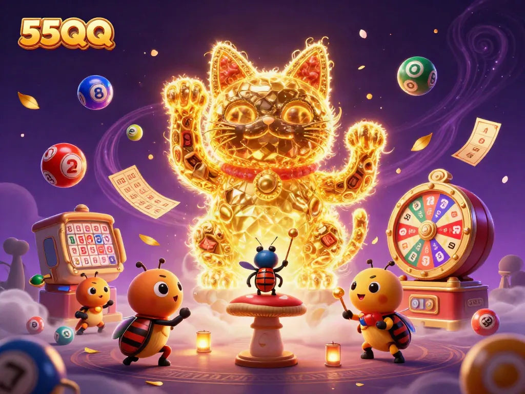 Experience winning moments with 55QQ as a lucky cat surrounded by vibrant casino elements.