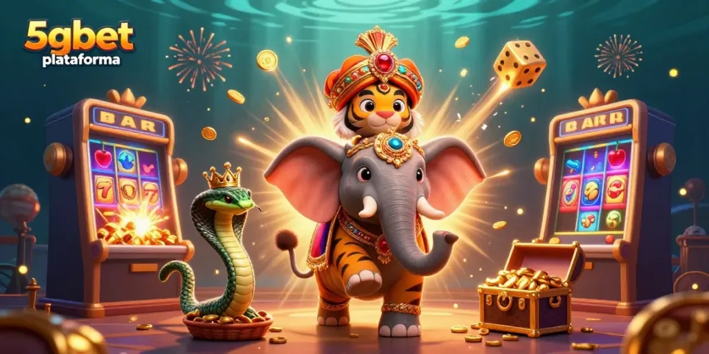 Engage with 5gbet plataforma in an adventurous casino scene featuring a majestic maharaja tiger.
