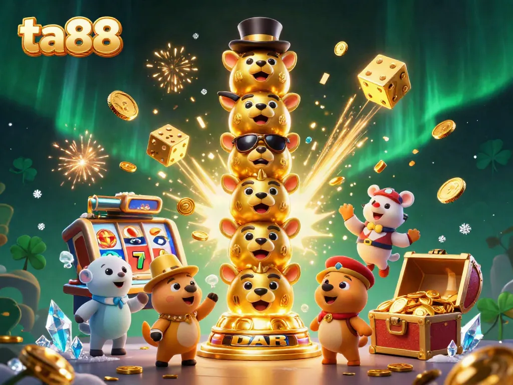 Enjoy thrilling gaming experiences at ta88 featuring dynamic slot machines, golden coins, and vibrant casino elements.