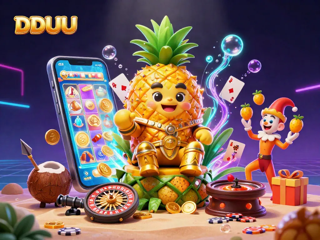 Engage in thrilling gameplay at DDUU, featuring a vibrant scene with golden pineapple king and casino excitement.