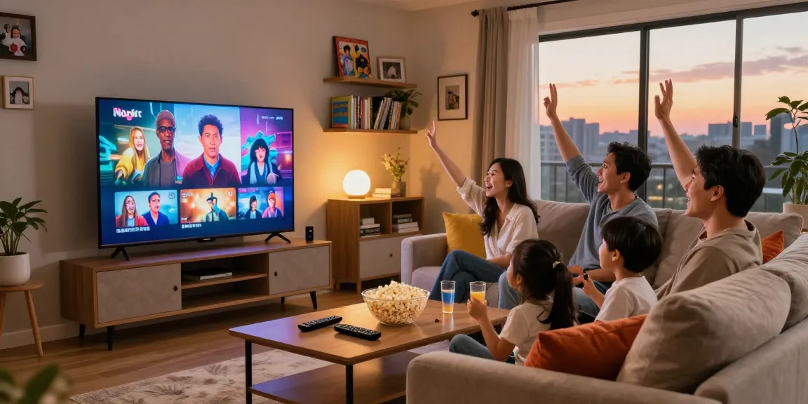 Melhor conteúdo de IPTV com família assistindo TV na sala de estar.