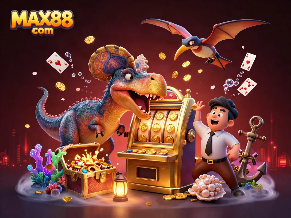 Catch jackpot coins at MAX88 com with the adventure of a dinosaur-themed casino.