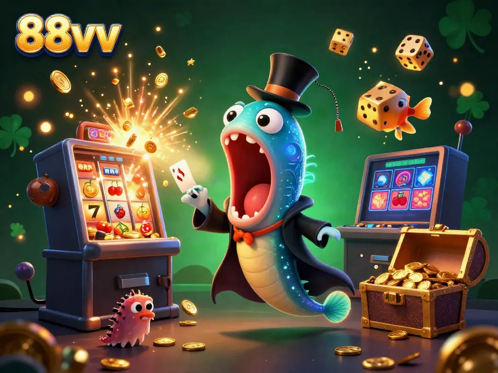 88vvv showcases a magical scene with a gulper eel and anglerfish performing casino tricks.