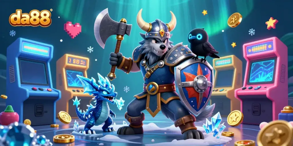 Engage in thrilling gameplay at da88 with a Viking warrior, dragon, and raven amidst vibrant casino elements.