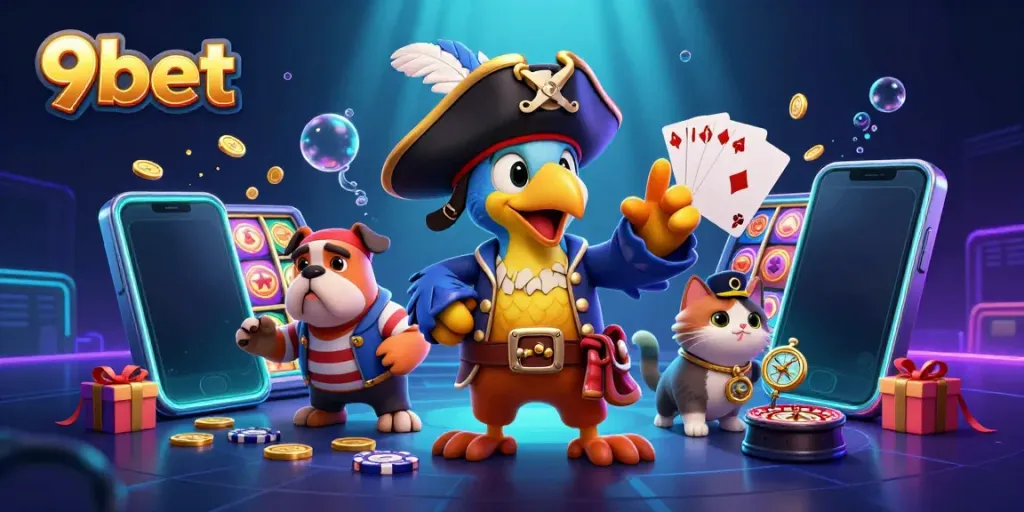 Engage with the exciting slot games at 9bet while enjoying vibrant casino-themed characters.