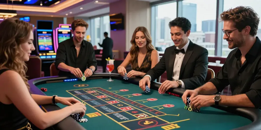 Dynamic casino scene with players enjoying roulette and live sports at https://fc88v1.com/ in a vibrant atmosphere.