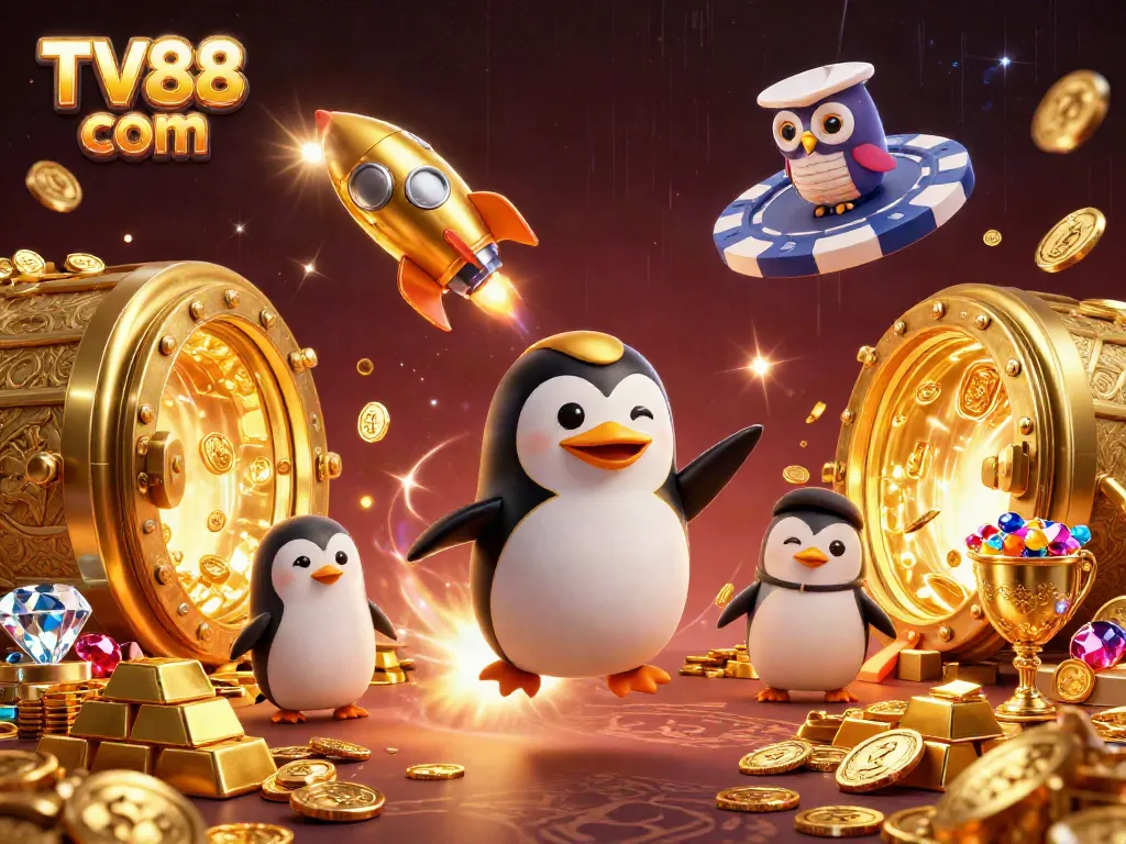 Experience excitement at TV88 com with a golden penguin soaring through a casino galaxy of treasures.