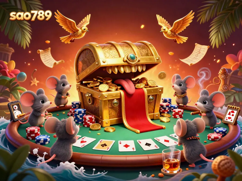Satisfy your gambling excitement with sao789, featuring treasures and poker dynamics in a vivid 3D scene.