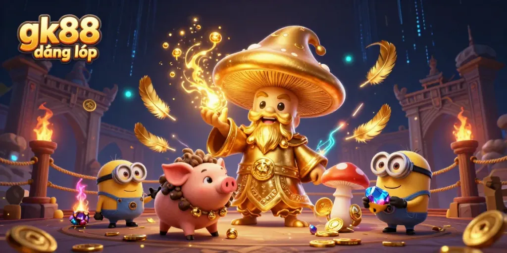 Experience gk88 đăng nhập in a vibrant 3D magical world with a golden mushroom wizard and treasure elements.