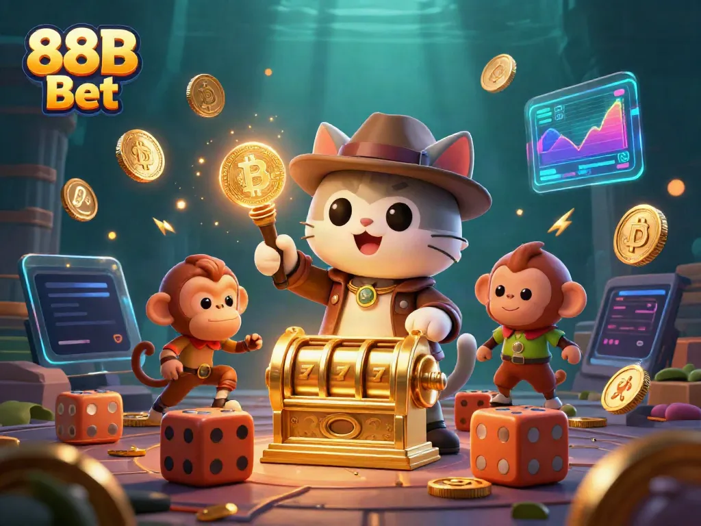 Experience thrilling wins with 88B Bet as an explorer cat uncovers casino treasures amidst golden coins and dynamic game elements.
