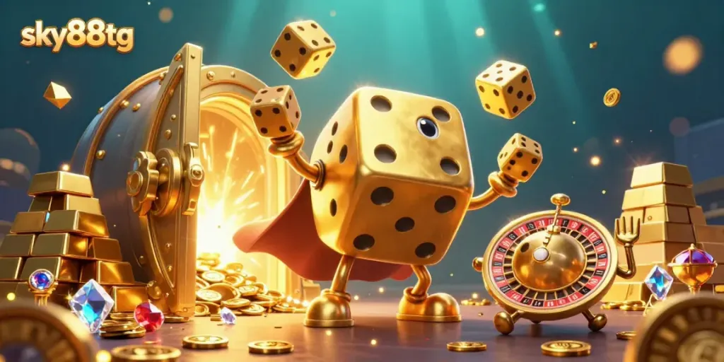 Experience thrilling gameplay in an ultra-detailed fantasy world with sky88tg's golden dice golem and treasures.