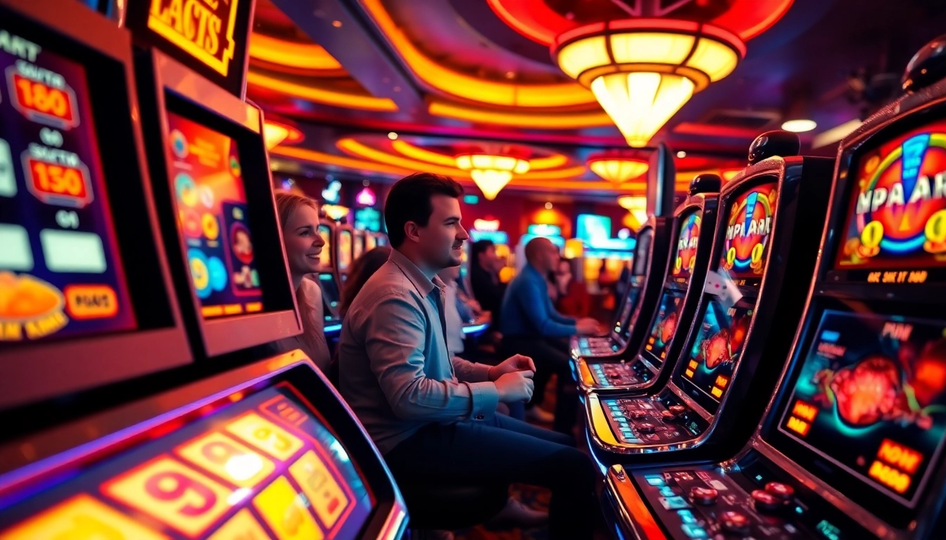 Slot gacor menampilkan mesin slot yang ramai dengan pemain bersemangat di kasino.