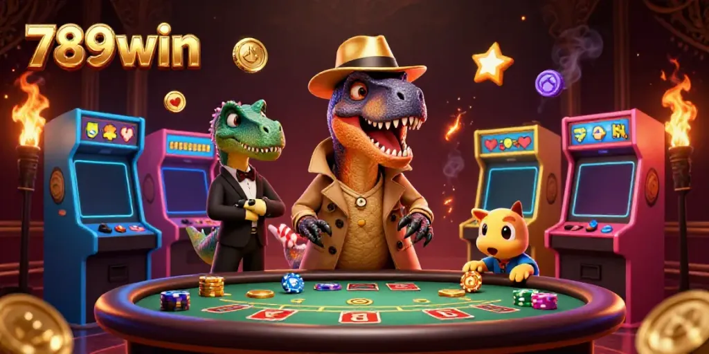 Experience the thrilling action of 789win as colorful velociraptors and arcade elements come to life in a vibrant casino setting.