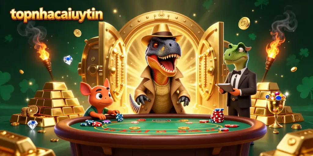 topnhacaiuytin reveals wild 3D cartoon characters engaging at a blackjack table in a vibrant casino scene