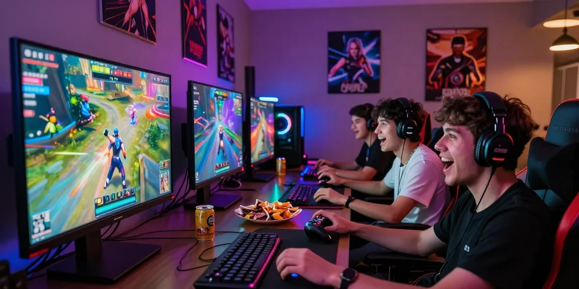 Young adults enjoying a gaming session with rokok88 on screen, vibrant atmosphere and LED lights enhance excitement.