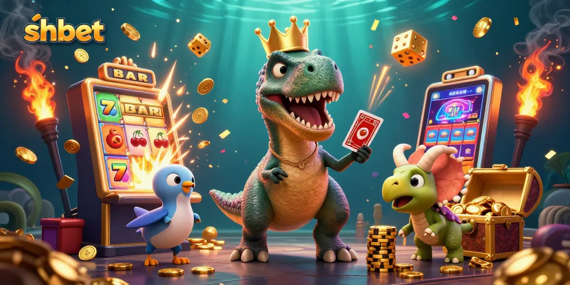 Engage in thrilling gameplay at shbet with a friendly dinosaur card game and a slot machine explosion.