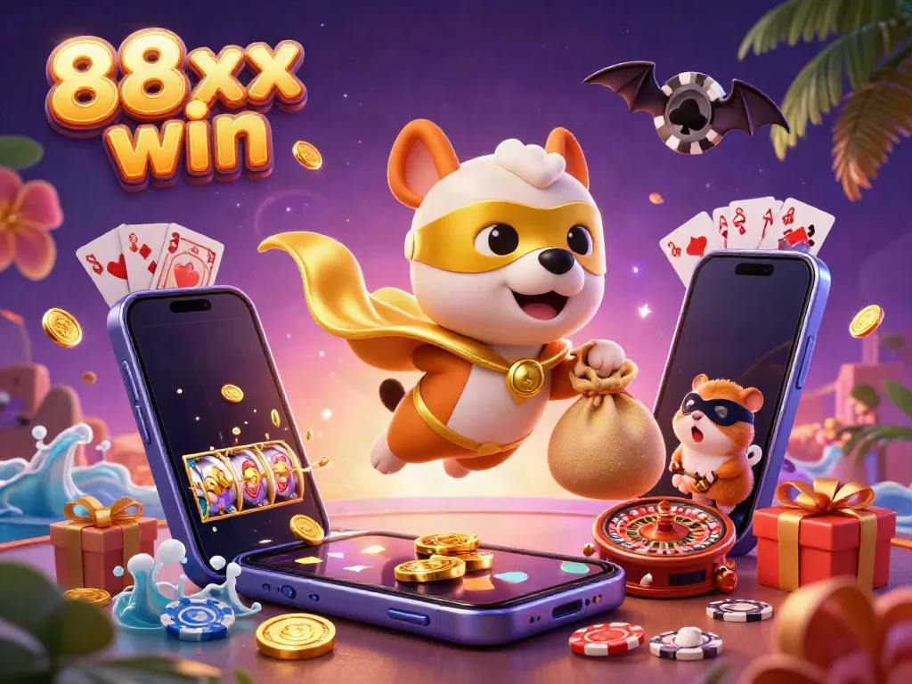 Experience the excitement of gambling with 88xx win in a vibrant 3D casino world featuring cartoon characters and gaming elements.