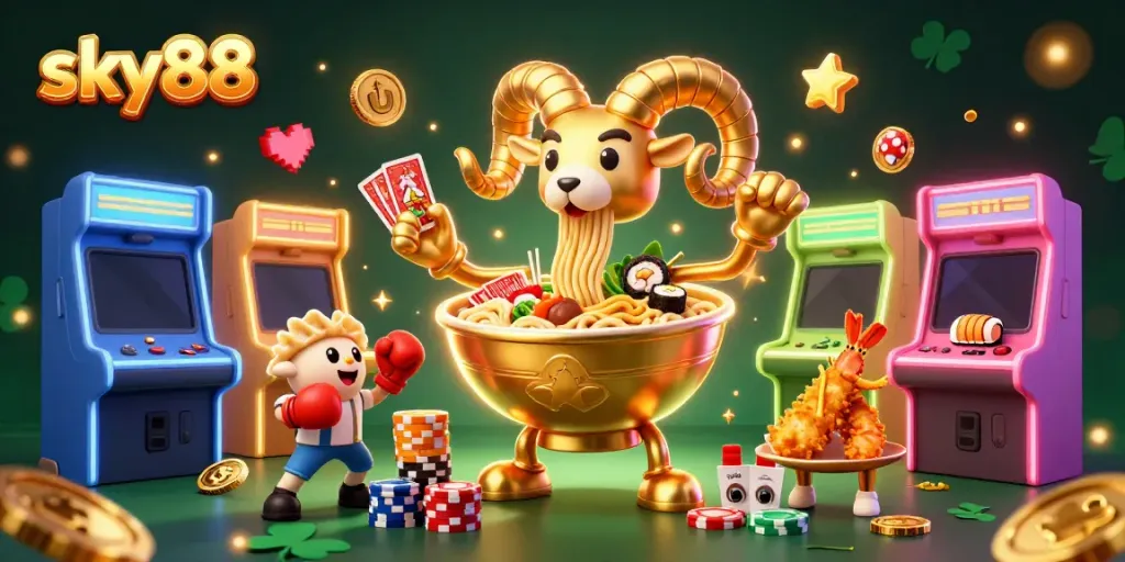 Experience thrilling gaming at sky88 with vibrant 3D casino characters, lucky symbols, and dynamic action.