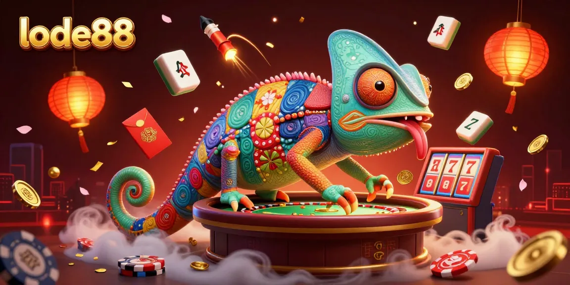 Engage with lode88's vibrant casino atmosphere featuring a chameleon owner and slot games.