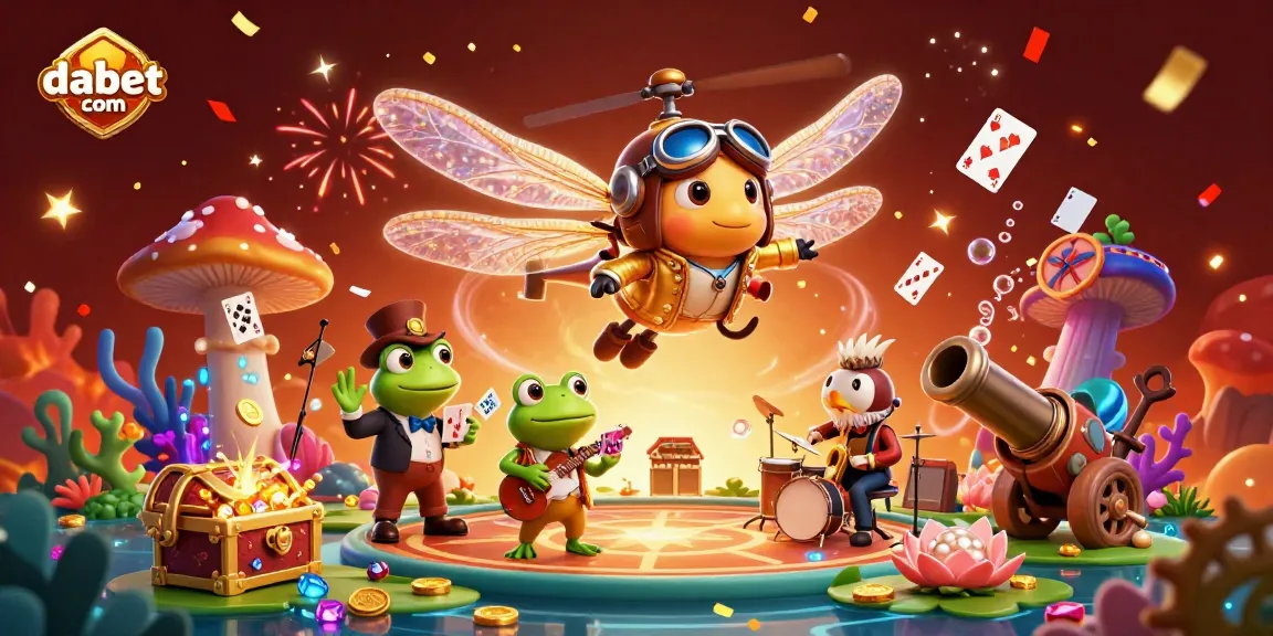 Experience excitement with dabet com in a vibrant 3D casino illustration featuring a dragonfly pilot and frog croupier.