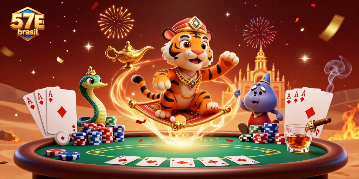 Engage in thrilling 57E brasil casino adventures with a magical tiger sultan, poker chips, and vibrant atmosphere.