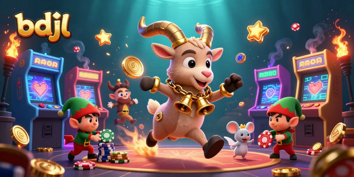 bdjl themed casino scene featuring a Krampus goat, angel mouse, and elf gremlins amidst colorful gaming elements.
